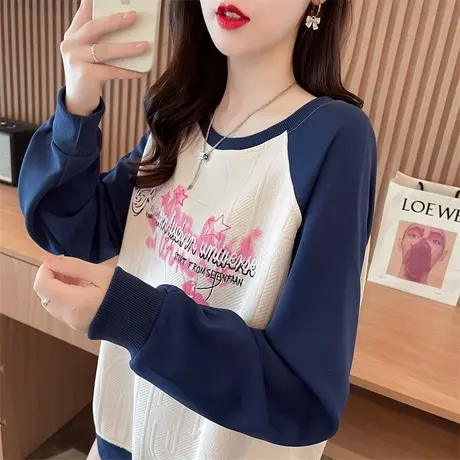 早秋卫衣女春秋韩版宽松设计感小众小个子薄款插肩袖拼色上衣外套图片