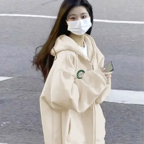 美式连帽开衫卫衣女春秋薄款宽松慵懒风百搭拉链上衣外套oversize商品大图