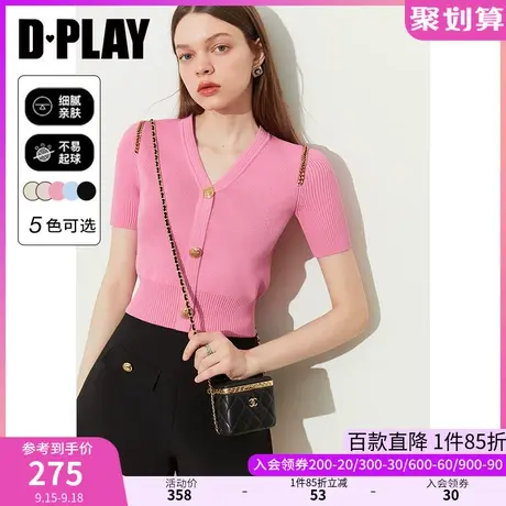 DPLAY黑标2023夏新轻奢泡泡糖粉重工金属链条浮雕纽扣短袖针织衫图片