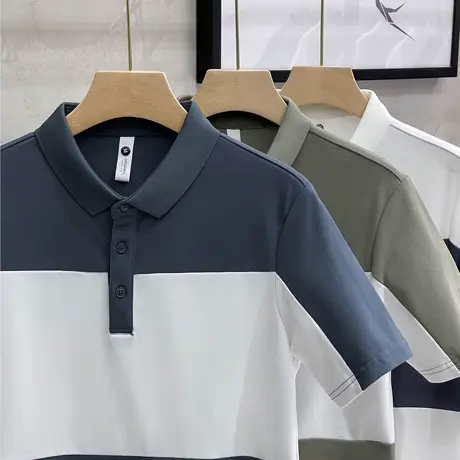 条纹拼接Polo衫男高端t恤潮牌青年2023夏季新款男士短袖有领半袖商品大图
