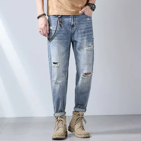 破洞牛仔裤男宽松直筒2023新款夏季潮牌男士补丁个性潮流薄款裤子商品大图