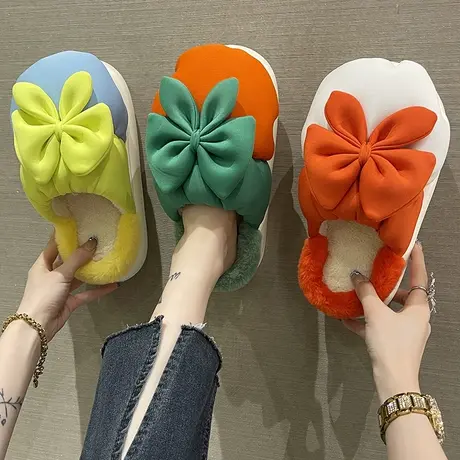 防水棉拖鞋女冬季可爱蝴蝶结拼色厚底防滑加绒室内居家拖鞋可外穿商品大图