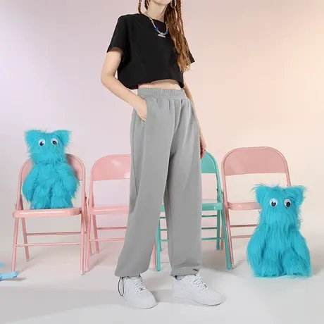 灰色运动裤女宽松抽绳束脚阔腿休闲裤ins潮春秋薄款百搭休闲卫裤商品大图