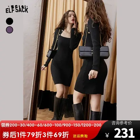 妖精的口袋【千金出行】气质长袖连衣裙女2023秋季新款黑色显瘦裙图片