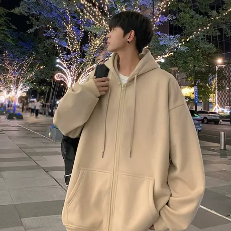 港风复古连帽卫衣男秋冬季潮牌情侣宽松纯色oversize拉链开衫外套图片