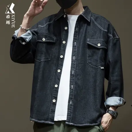 美式斜纹精梳棉牛仔衬衫男2024春季痞帅工装夹克宽松大码男生衬衣商品大图