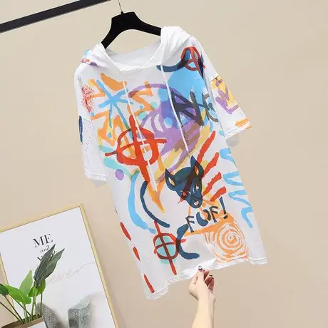 韩版宽松连帽中长款短袖T恤女夏季2023新款慵懒风网红ins爆款上衣商品大图