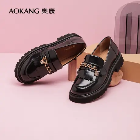 【门店发货】奥康女鞋2022秋季新款乐福鞋休闲金属装饰一脚蹬皮鞋图片