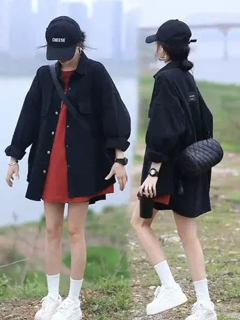 黑色牛仔衬衫女2023春秋外穿宽松高级感上衣网红爆款长袖中长外套商品大图