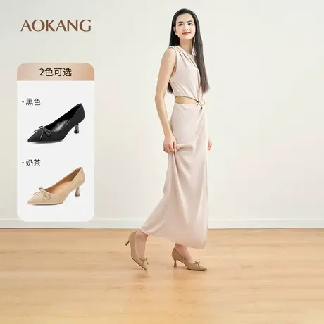 奥康 女鞋2025春季浅口单鞋尖头绒面蝴蝶结复古风优雅细高跟图片