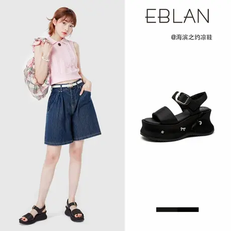 EBLAN/伊伴厚底一字带凉鞋女2025夏季新款水钻蝴蝶结露趾沙滩凉鞋图片