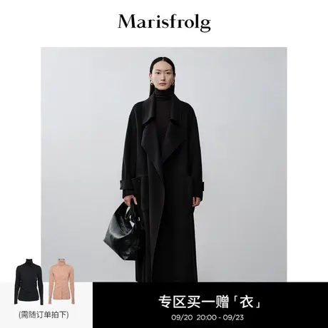 【艺术时装大衣】玛丝菲尔2023年秋季新款黑色高级感羊毛呢子大衣商品大图