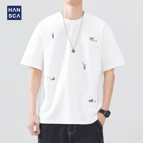 hansca 260g重磅纯棉短袖T恤男2025夏季新款时尚运动刺绣百搭上衣商品大图