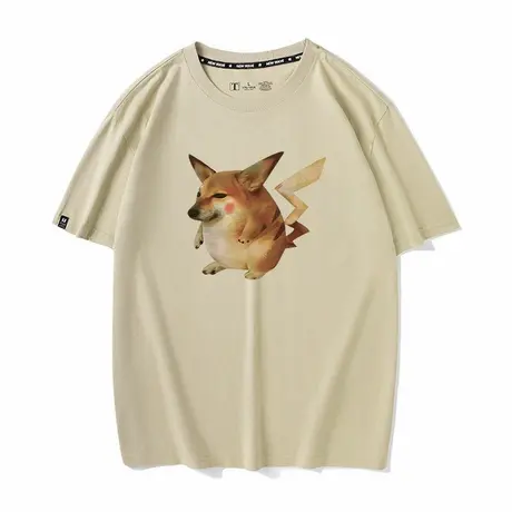 秀洛pikadoge皮卡丘联名柴犬狗狗恶搞衣服周边宽松半袖短袖T恤男图片