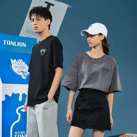 唐狮潮流时尚ins风休闲宽松打底衫大码短袖春夏季情侣纯色短袖T恤商品大图