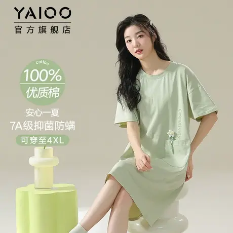 雅鹿睡裙女纯棉薄款2025年春夏季新款宽松大码圆领睡衣短袖连衣裙商品大图
