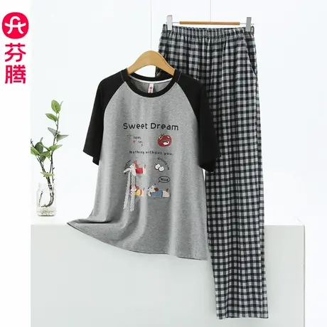 芬腾睡衣女款夏季纯棉短袖套头薄款可外穿休闲夏款全棉家居服套装商品大图