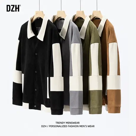 男士麂皮绒外套男秋季潮牌翻领拼接夹克百搭男装2023新款春装上衣商品大图