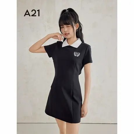 A21女装翻领短袖连衣裙夏季设计感撞色POLO衫裙子图片