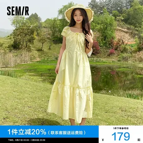 森马连衣裙女白月光黄色温柔夏季2025新款蝴蝶结优雅U领长裙初恋图片