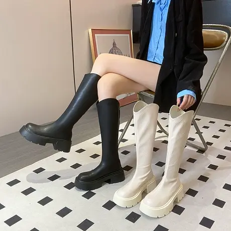 V口长筒靴女高跟2023新款厚底女鞋小个子不过膝瘦瘦高筒骑士靴子商品大图