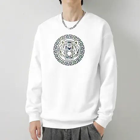 380g重磅纯棉白色卫衣男无帽上衣宽松潮流摇粒绒虎头圆领长袖t恤商品大图