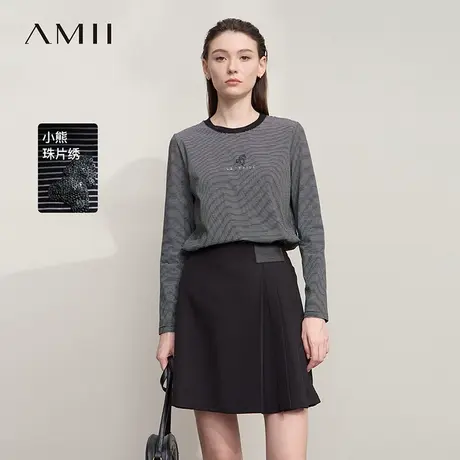 Amii2025秋新款极简学院风圆领细条纹小熊珠片绣绣花合体T恤女图片