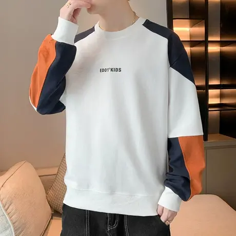 长袖t恤男春秋季潮牌宽松拼接套头打底衫青少年字母印花圆领卫衣商品大图