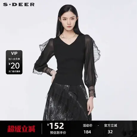 sdeer圣迪奥女装秋复古V领网纱蕾丝拼接修身针织衫S22183513图片