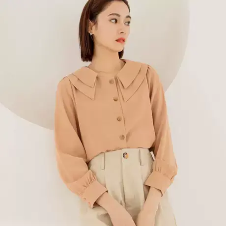 桔熊春秋季通勤ol气质双层领泡泡长袖衬衫微胖上衣女大码AB16347商品大图