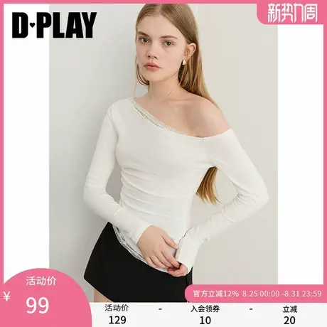 DPLAY2025年秋季新款白色t恤女独特蕾丝花边拼接修身打底衫上衣商品大图