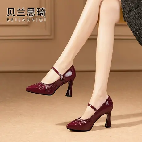 真皮一字带浅口尖头粗跟单鞋女2025秋季新款走秀模特高跟鞋防水台商品大图
