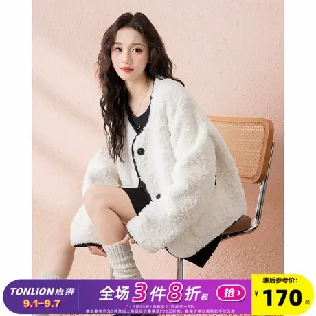 唐狮2024秋冬新款仿羊羔毛外套女圆领撞色超好看短款时尚上衣爆款商品大图