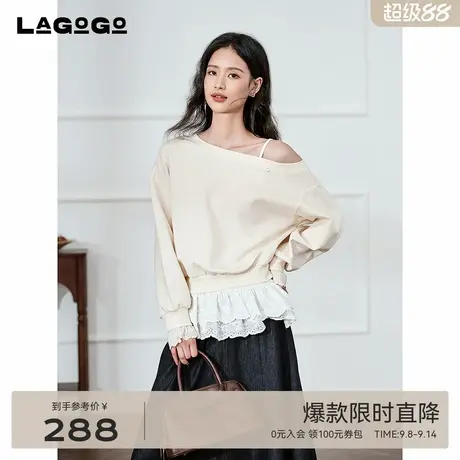 LAGOGO不规则领卫衣女拉谷谷2025秋季新款蕾丝拼接上衣OCEE457D01图片