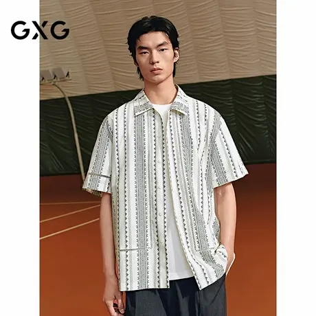 GXG男装 米白提花休闲衬衫小清新短袖衬衫25年夏季新品G25X232022图片