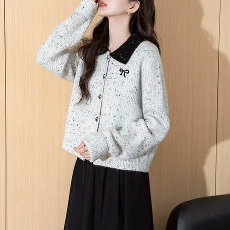 唐狮秋冬季女毛衣新型花纱撞色翻领开衫可爱图案短款百搭tu商品大图