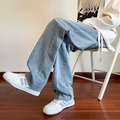 唐狮秋季新款牛仔裤男款阔腿裤宽松直筒长裤松紧腰弯刀显瘦潮TUTA商品大图