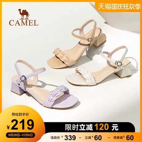 骆驼女鞋2023夏季新款真皮法式编织一字带高跟鞋露趾粗跟时装凉鞋图片