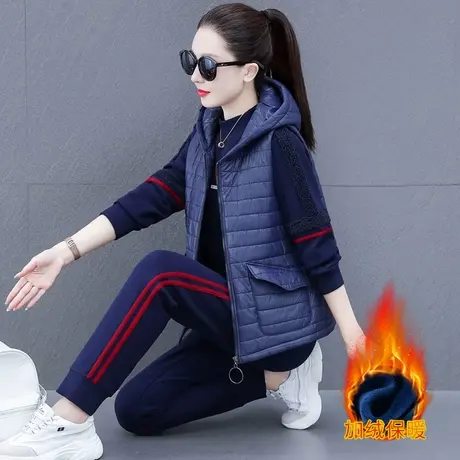 带马甲加绒加厚休闲运动服套装女秋冬2023年时尚半高领卫衣三件套商品大图