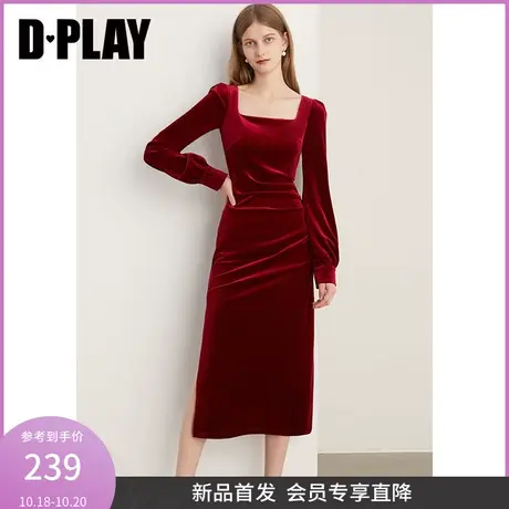 DPLAY2023冬法式酒红色方领捏褶侧开衩丝绒礼服裙敬酒服回门服图片
