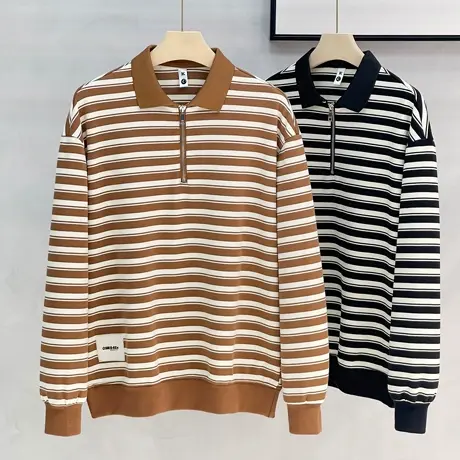 衬衫领条纹卫衣男撞色拼接男士翻领t恤长袖2023春秋季新款上衣服商品大图