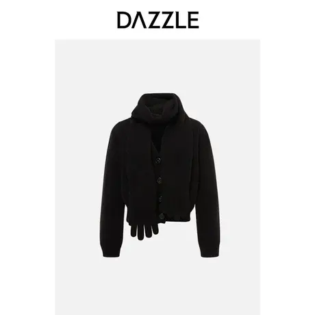 【七七酱专享】DAZZLE地素奥莱 黑色简约羊毛混纺V领围巾设计毛衣商品大图