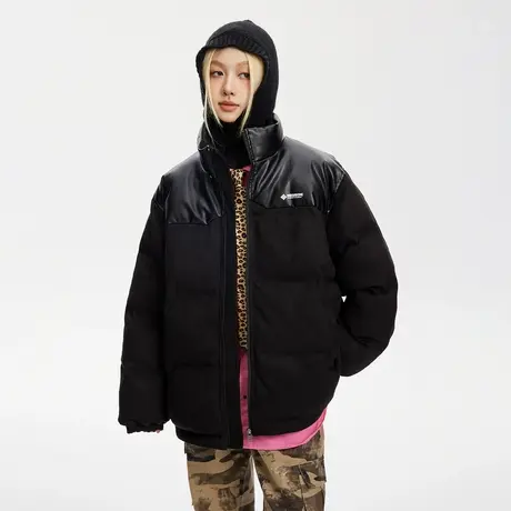 潮牌黑色拼接PU皮棉服女冬季加厚外套2023新款复古宽松面包服棉衣图片
