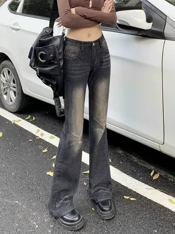 黑灰色做旧复古微喇叭牛仔裤女长裤秋冬高腰显瘦辣妹阔脚马蹄裤子商品大图