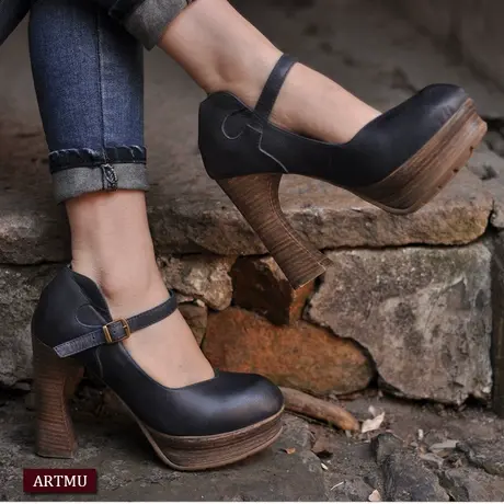 Artmu阿木原创新款复古高跟鞋手工牛皮防水台粗高跟单鞋一字带商品大图