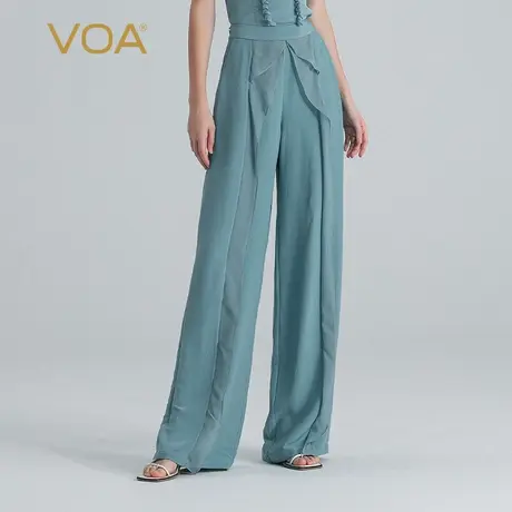 VOA冰蓝40姆米鬼纡重磅厚桑蚕丝自然腰侧口袋简约真丝直筒长裤女商品大图