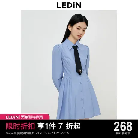 乐町学院风衬衫连衣裙2023年秋季新款女装长袖裙蓝色垂顺百褶裙商品大图