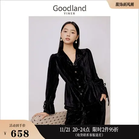 Goodland美地女装冬季法式优雅小V领金丝绒衬衫喇叭袖上衣商品大图