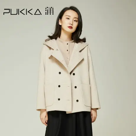 蒲PUKKA 专柜同款羊毛外套秋冬时髦设计感格纹连帽大衣图片