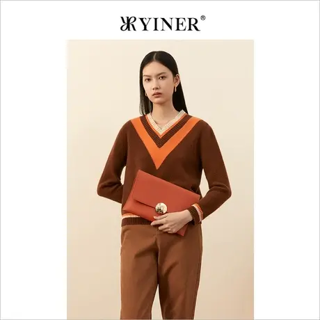 YINER音儿女装冬季新款撞色V领羊毛针织衫套头商品大图